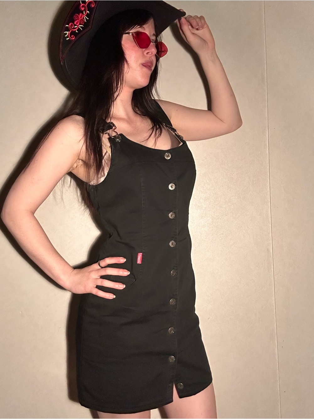 Tickets Black Denim Button-Front Mini Dress with Adjustable Straps